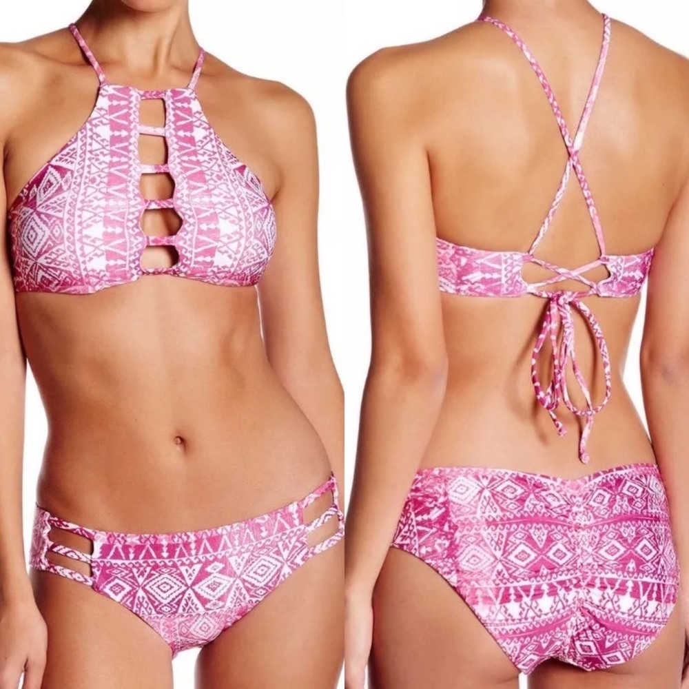 Lucky Brand Effie Patchwork Pink High Neck Bikini